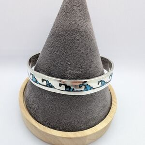 Mexico 925 Silver Cuff Bracelet With Turquoise Inlay Wave Design